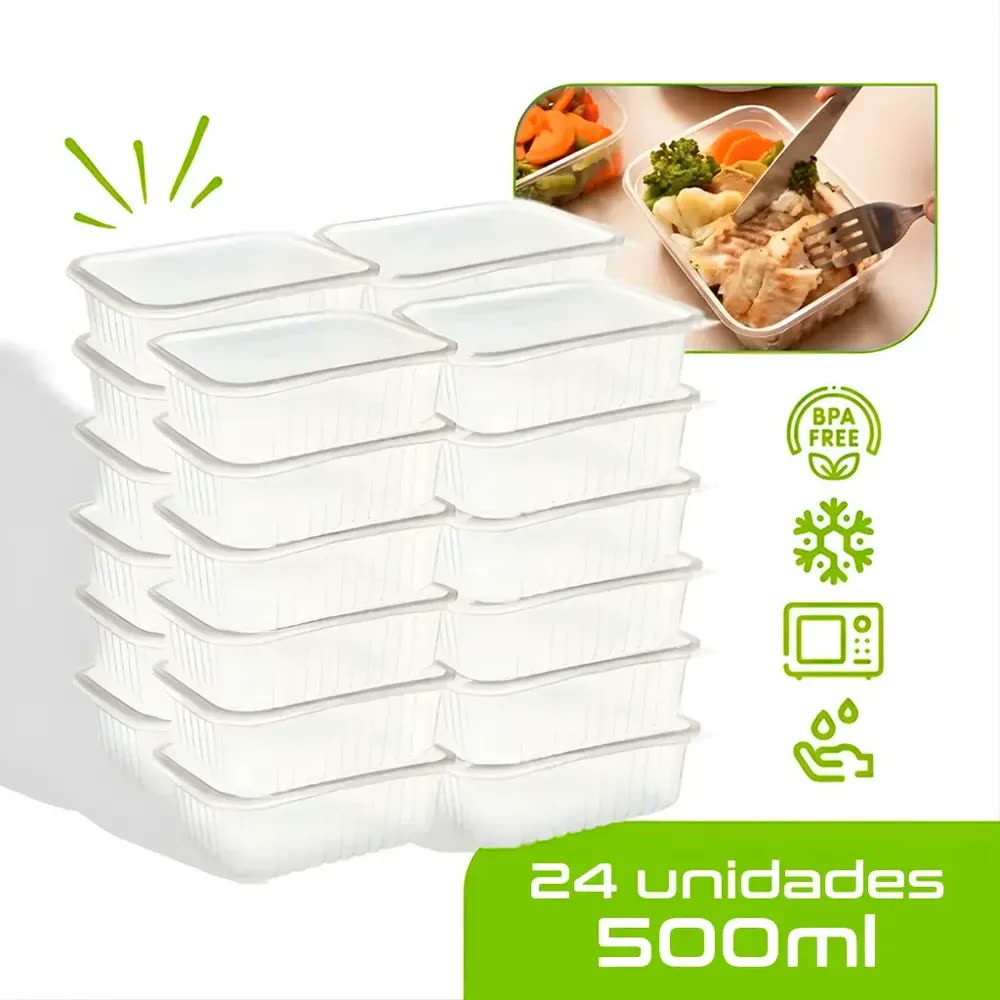 24 Marmitas 500ml Comida Fitness Pote Descartável Retangular Plástico Freezer Microondas Com Tampas - Mtones