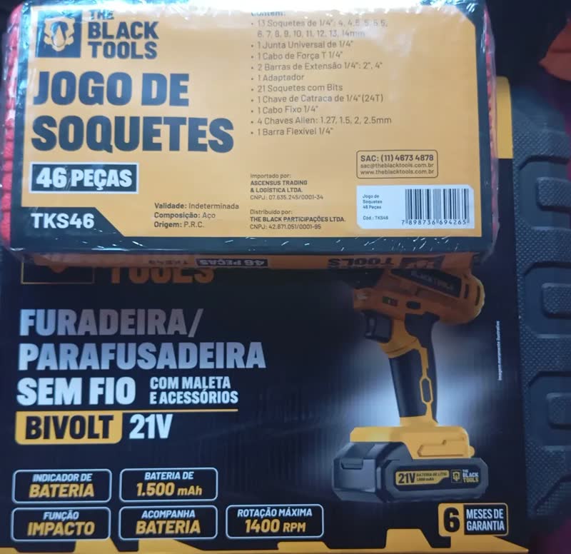 foto de Furadeira Parafusadeira De Impacto Bateria 21v Profissional Sem Fio 1400 Rpm C/jogo De Soquetes 46 Peças The Black Tools