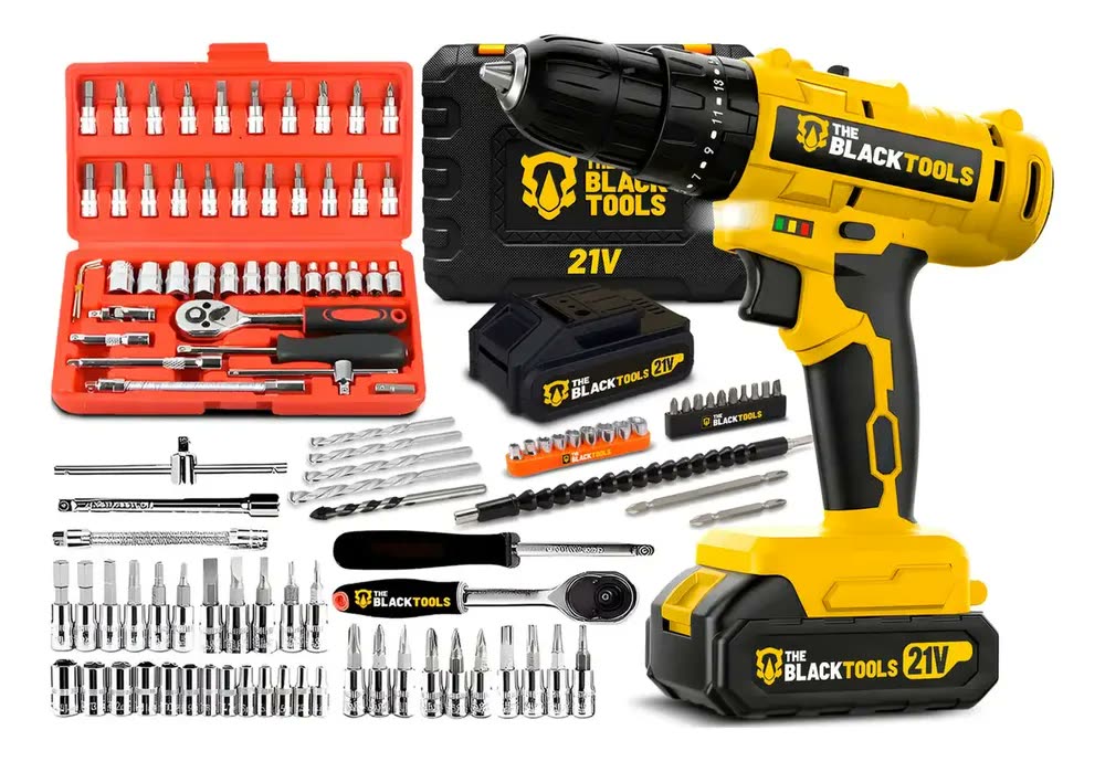 foto de Furadeira Parafusadeira De Impacto Bateria 21v Profissional Sem Fio 1400 Rpm C/jogo De Soquetes 46 Peças The Black Tools