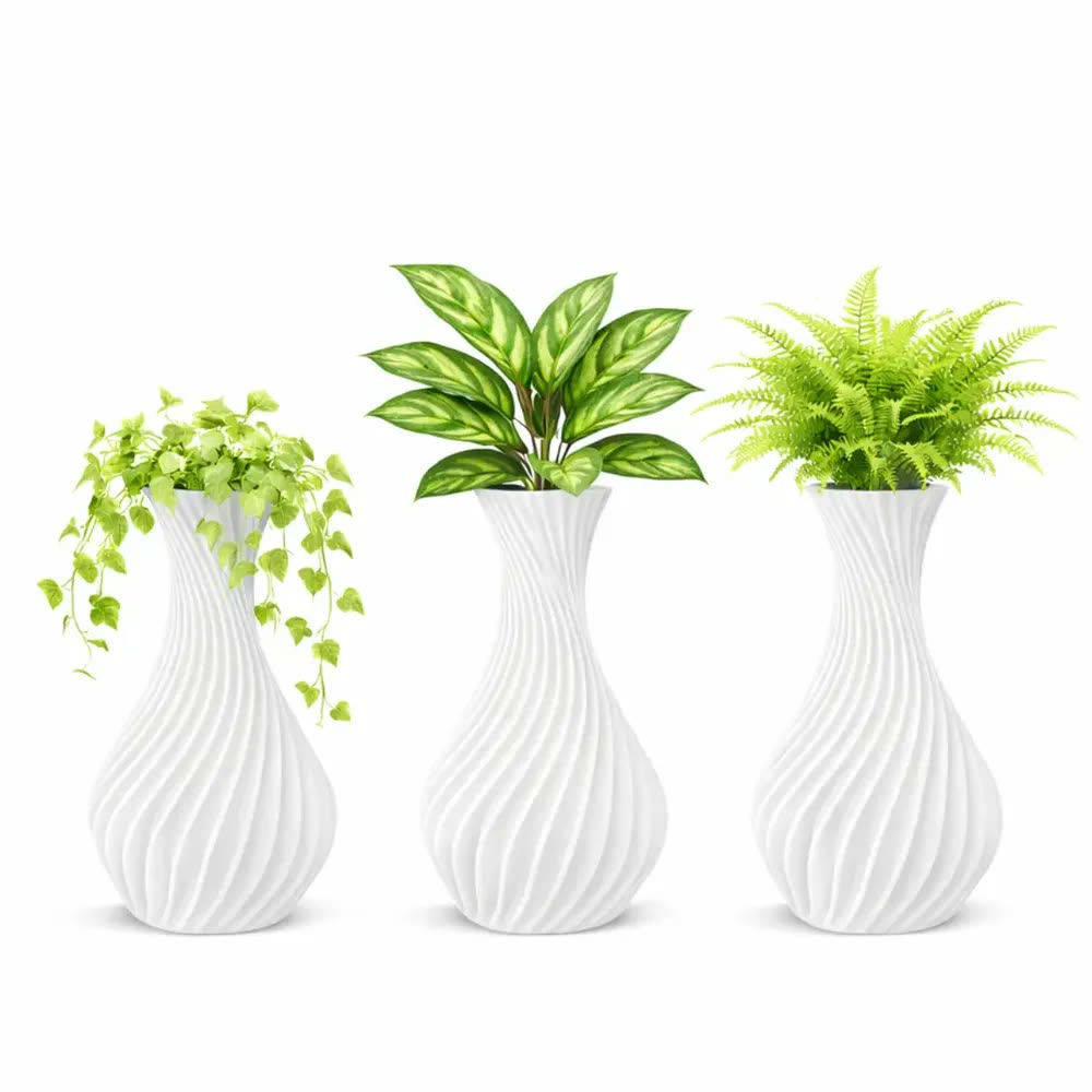 Kit 3 Vasos Decorativos Brancos Modernos | Design Espiral | Vasos Para Plantas Artificiais | Decoração Minimalista Para Sala, Escritório, Aparador E Home Office