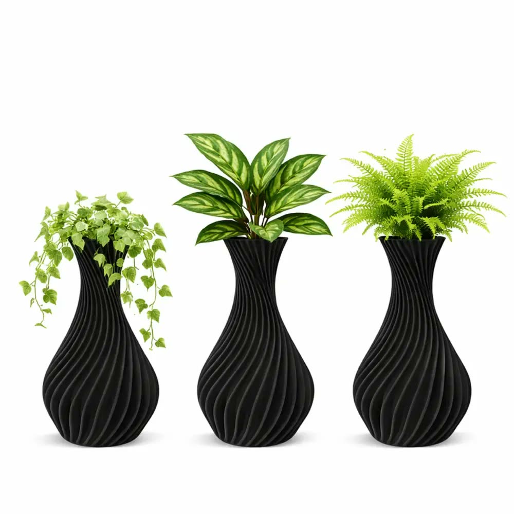 Kit 3 Vasos Decorativos Preto Modernos | Design Espiral | Vasos Para Plantas Artificiais | Decoração Minimalista Para Sala, Escritório, Aparador E Home Office