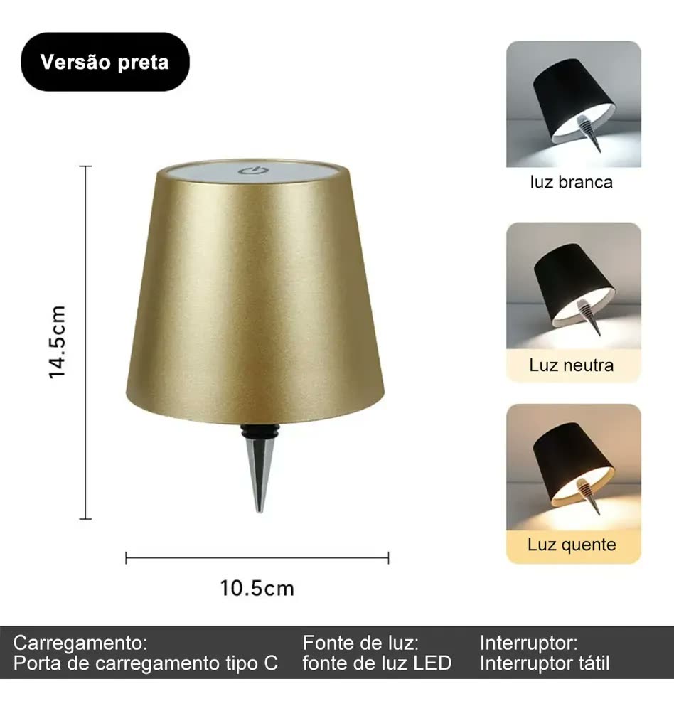 foto de Luminária Converta Garrafas Em Abajour Com Led 3 Tons Sem Fio Lâmpada Lampada Para Botar Na Garrafa Vinho Whisky Touch Decoração Dourado