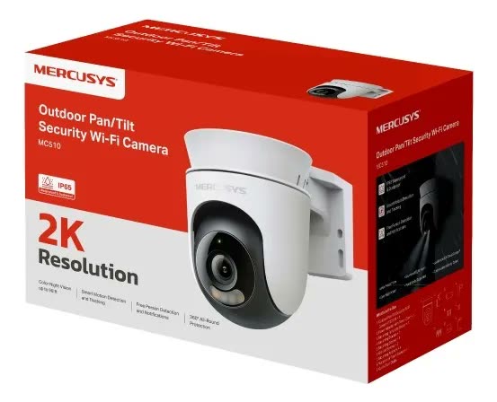 foto de Mercusys MC510 Câmera de Segurança Wi-Fi Externa 2K 3MP, Rotação 360°, Visão Noturna Colorida, Detecção de Pessoas e Rastreamento de Movimento, IP65, Áudio Bidirecional, Alexa e MicroSD até 512 GB
