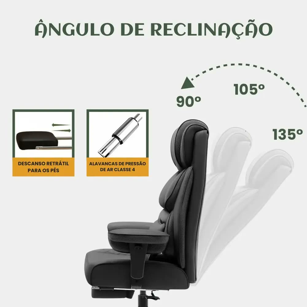 Cadeira De Escritorio Poltrona Berlim Gamer Ergonômica Couro Sintético Pillow Top Reclinável Suporte Lombar Apoio De Pés E Braços Macio Resistente Suporta 200kg Luvinco