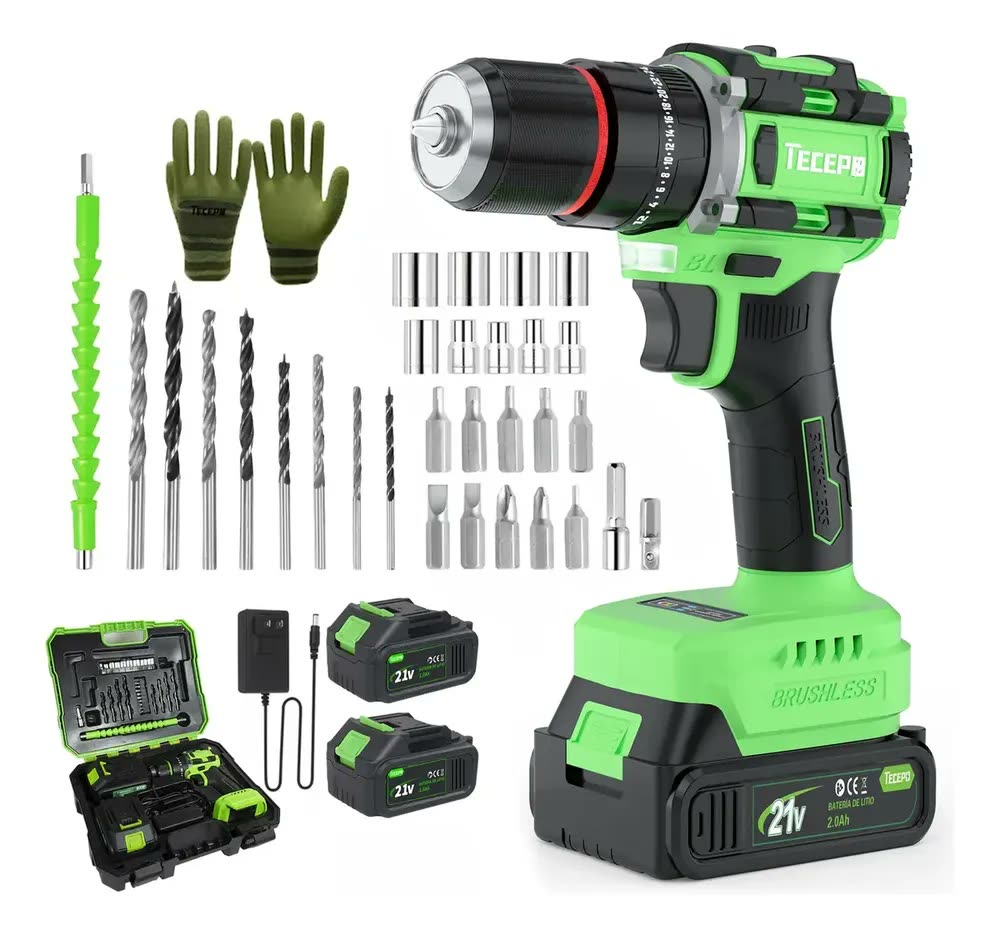 Furadeira Parafusadeira Brushless Com 2 Baterias 2 Ah Tecepo Verde-limão 60hz
