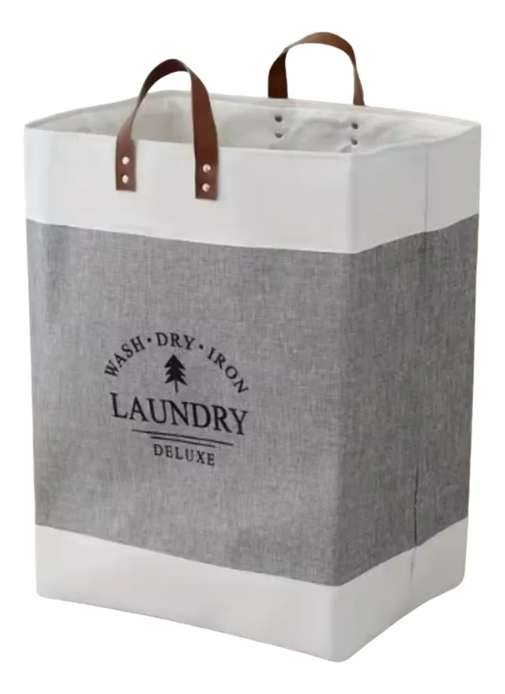 foto de Cesto De Roupa Suja Organizador Multiuso Dobrável Alça Couro Cor Cinza Liso