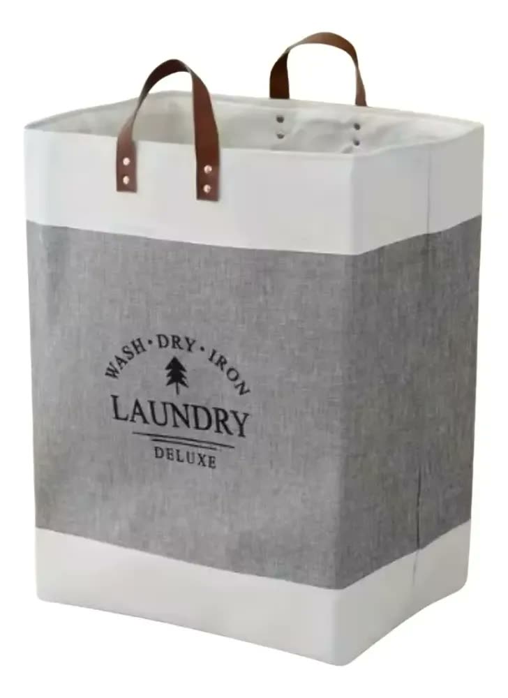 Cesto De Roupa Suja Organizador Multiuso Dobrável Alça Couro Cor Cinza Liso