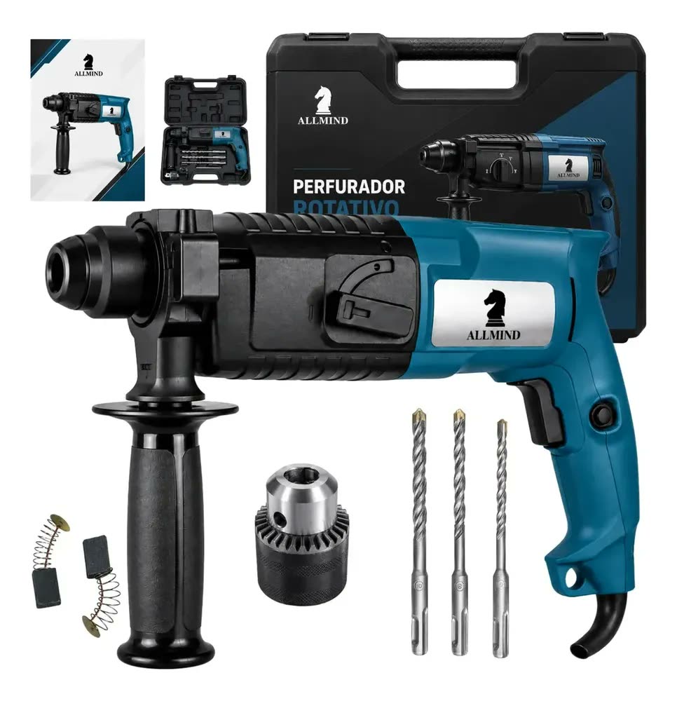 Perfurador Rompedor 5k Impacto 1000w Rotativo Allmind Azul Profissional Obras Modo Parafusadeira Potente Furadeira Com Acessórios Reversível Rotação Mandril Parede