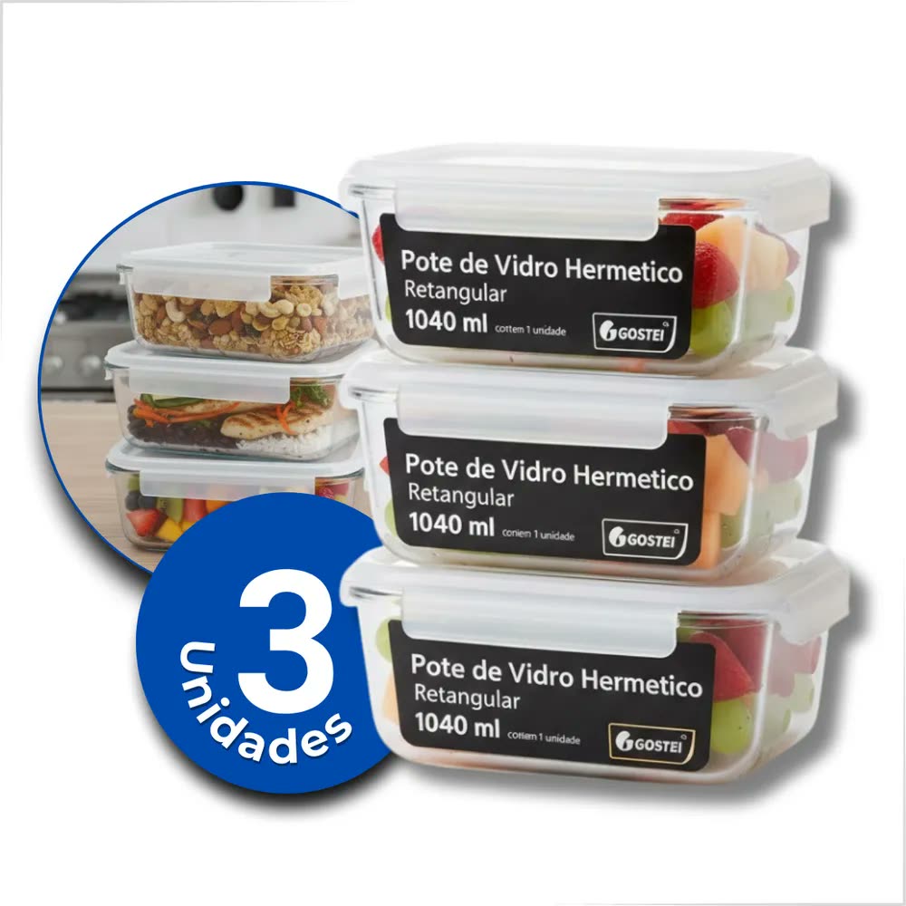 Kit 3 Potes De Vidro Hermetíco 1040ml Marmita Forno Refratário Gostei!
