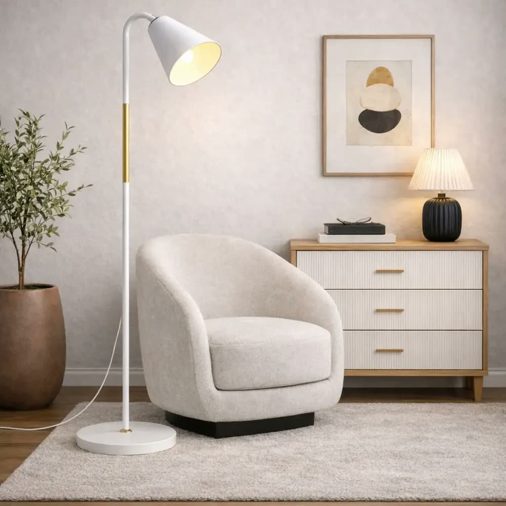 Luminária de Chão Abajur Articulada 1,6m Flexível Coluna Piso Leitura Quarto Sala Cúpula Branco e Dourado Bivolt Bravvi