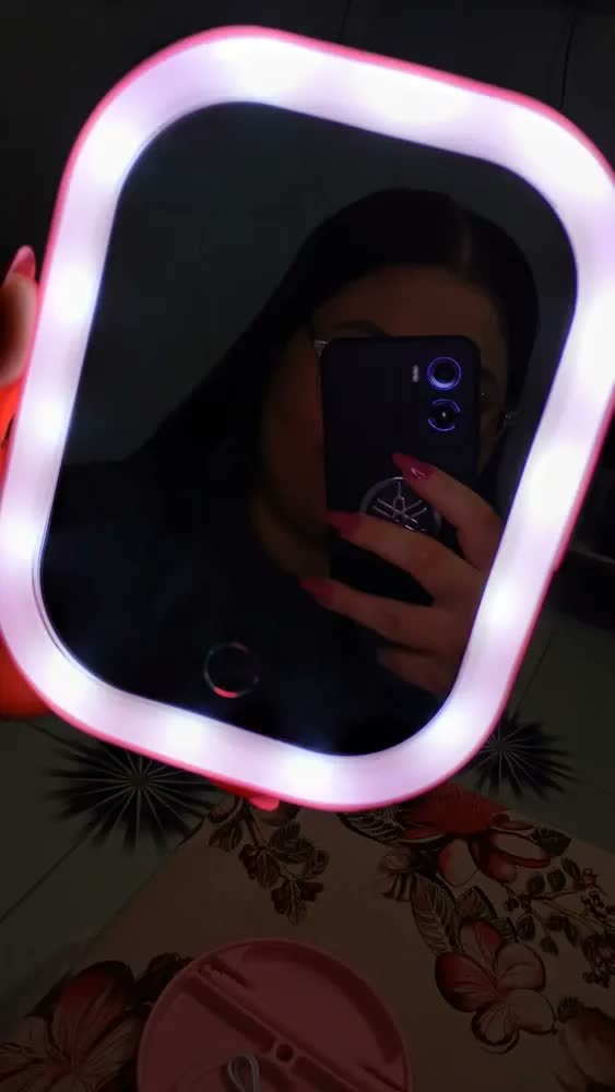 foto de Espelho Rosa Maquiagem Led Com Luz Fria Quente Natural Sensor Touch Recarregável Compacto Base Porta Pincéis Make Mesa Bancada Viagem Iluminação Profissional Presente Feminino Luxo