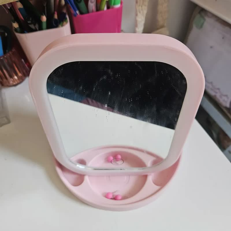 foto de Espelho Rosa Maquiagem Led Com Luz Fria Quente Natural Sensor Touch Recarregável Compacto Base Porta Pincéis Make Mesa Bancada Viagem Iluminação Profissional Presente Feminino Luxo