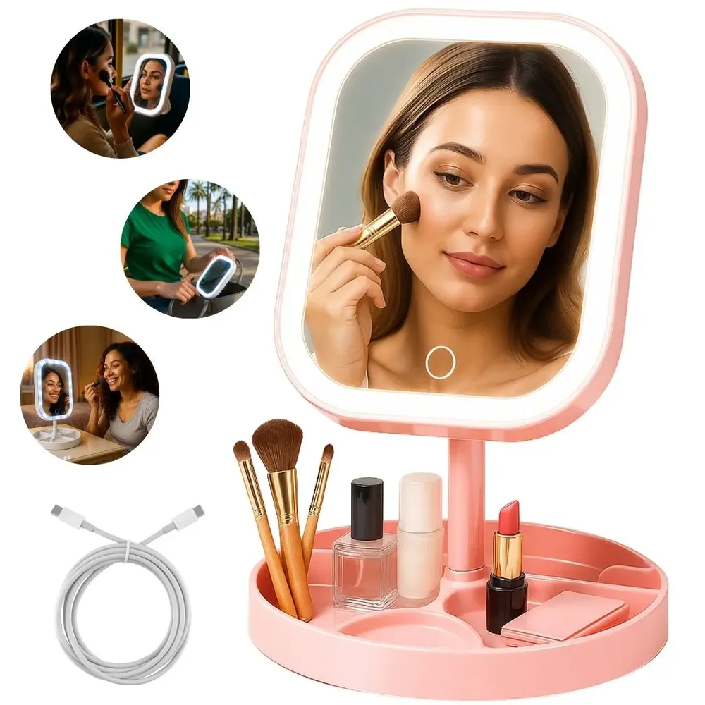 foto de Espelho Rosa Maquiagem Led Com Luz Fria Quente Natural Sensor Touch Recarregável Compacto Base Porta Pincéis Make Mesa Bancada Viagem Iluminação Profissional Presente Feminino Luxo