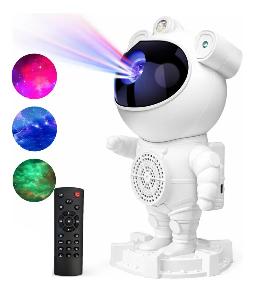Luminária Projetor Noturno Robô Astronauta Bluetooth Som Branco Preto