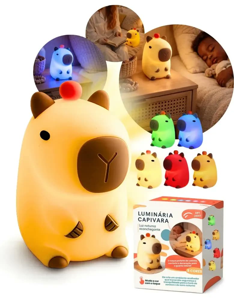 Luminária Capivara Abajur De Mesa Decorativa Para Quarto Infantil Led Toque Touch Luzes Noturna Recarregável Silicone Muda De Cor Presente Criança Cupula Luz Amarela Relaxante Dormir Bivolt Art Light