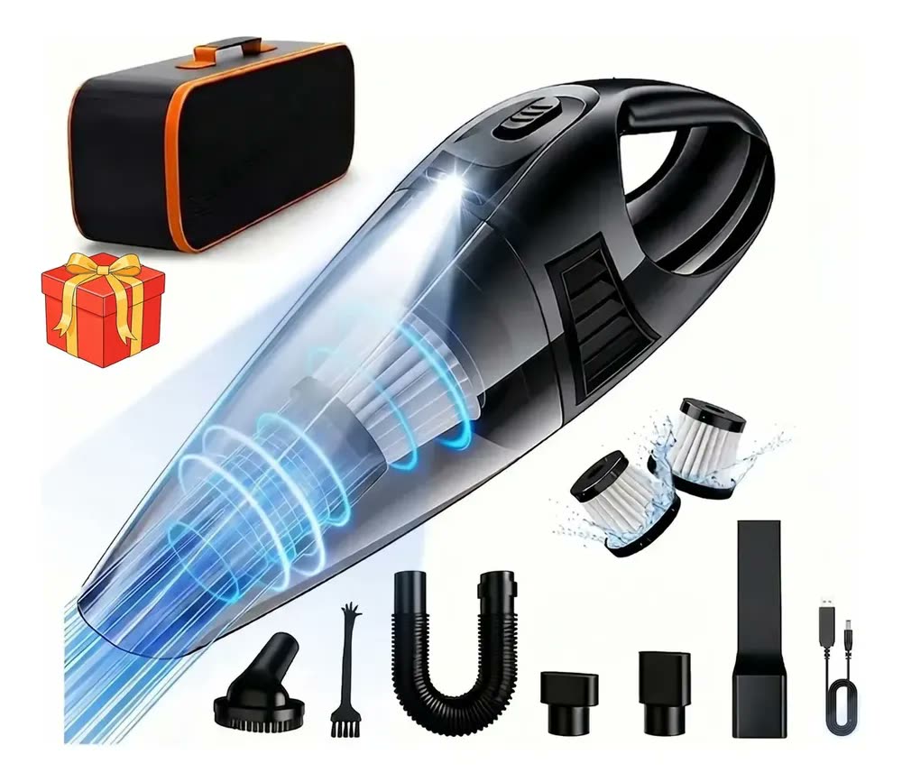 foto de Aspirador De Pó Portátil Carro Automotivo 120W 9000PA +2 Filtro + Bolsa + LED Sem Fio Aspirador Portátil de Pó Potente Recarregável Usb Com Acessórios Turbo 127/220V Profissional Inclui a lâmpada LED