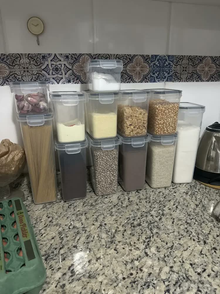 foto de Jogo 14 Potes Herméticos Organizador Mantimentos Cozinha Transparente Empilhável Com Trava De Vedação Total Armazenamento Prático Para Armário E Despensa