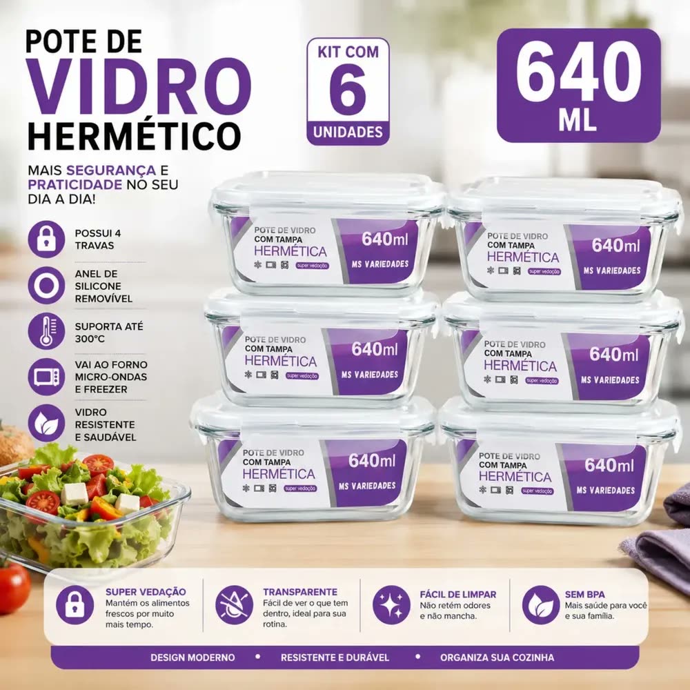 Kit 6 Potes 640ml Vidro Borossilicato Hermético 4 Travas Marmita Forno Freezer