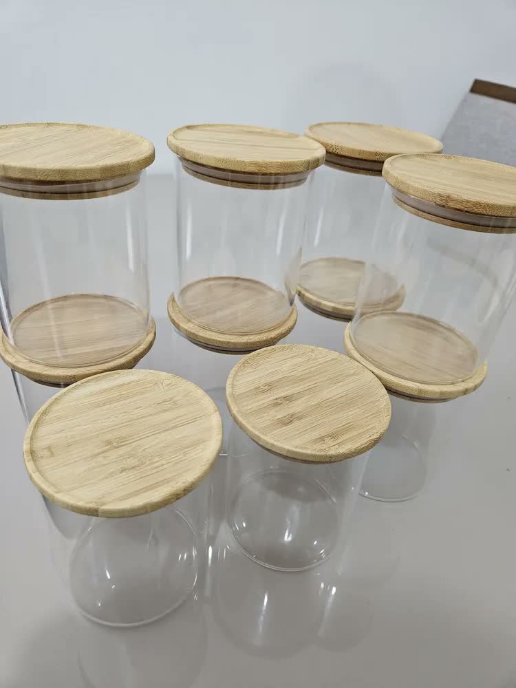 foto de Kit 10 Pote Vidro Hermético Tampa De Bambu 400ml Cozinha Transparente