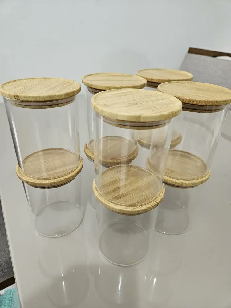 foto de Kit 10 Pote Vidro Hermético Tampa De Bambu 400ml Cozinha Transparente