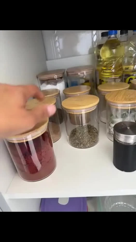 foto de Kit 10 Pote Vidro Hermético Tampa De Bambu 400ml Cozinha Transparente