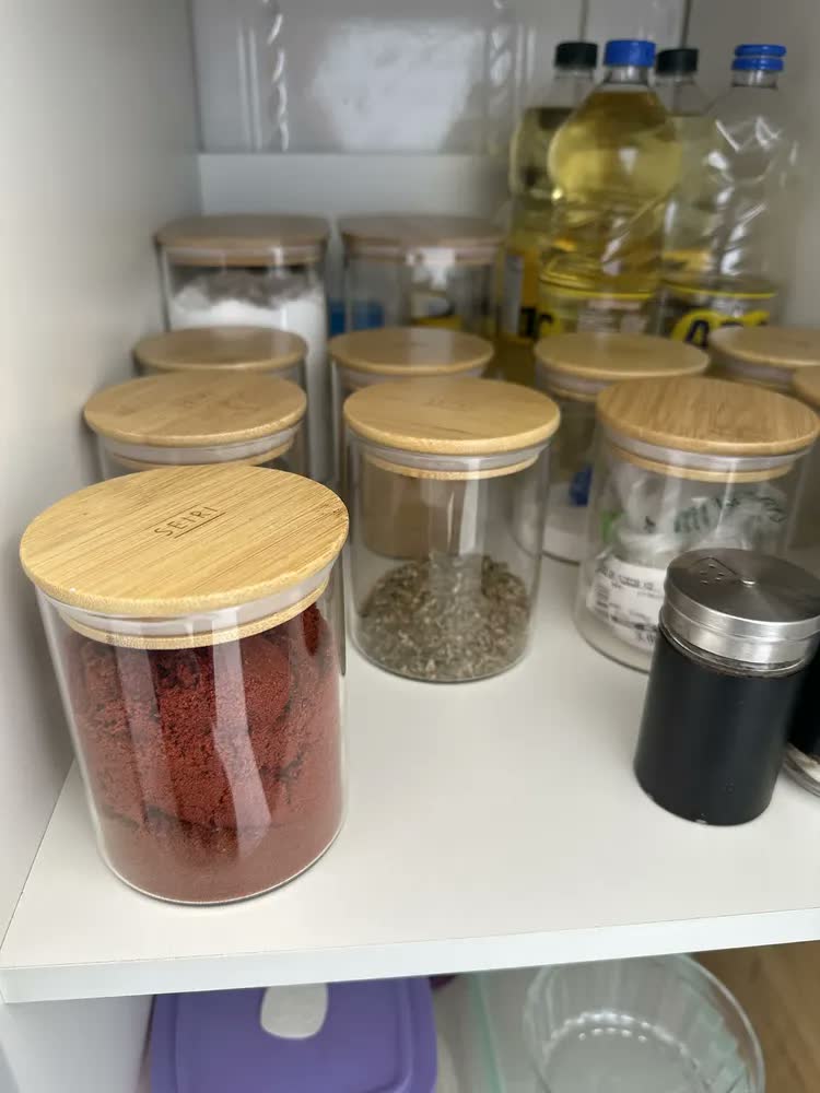 foto de Kit 10 Pote Vidro Hermético Tampa De Bambu 400ml Cozinha Transparente