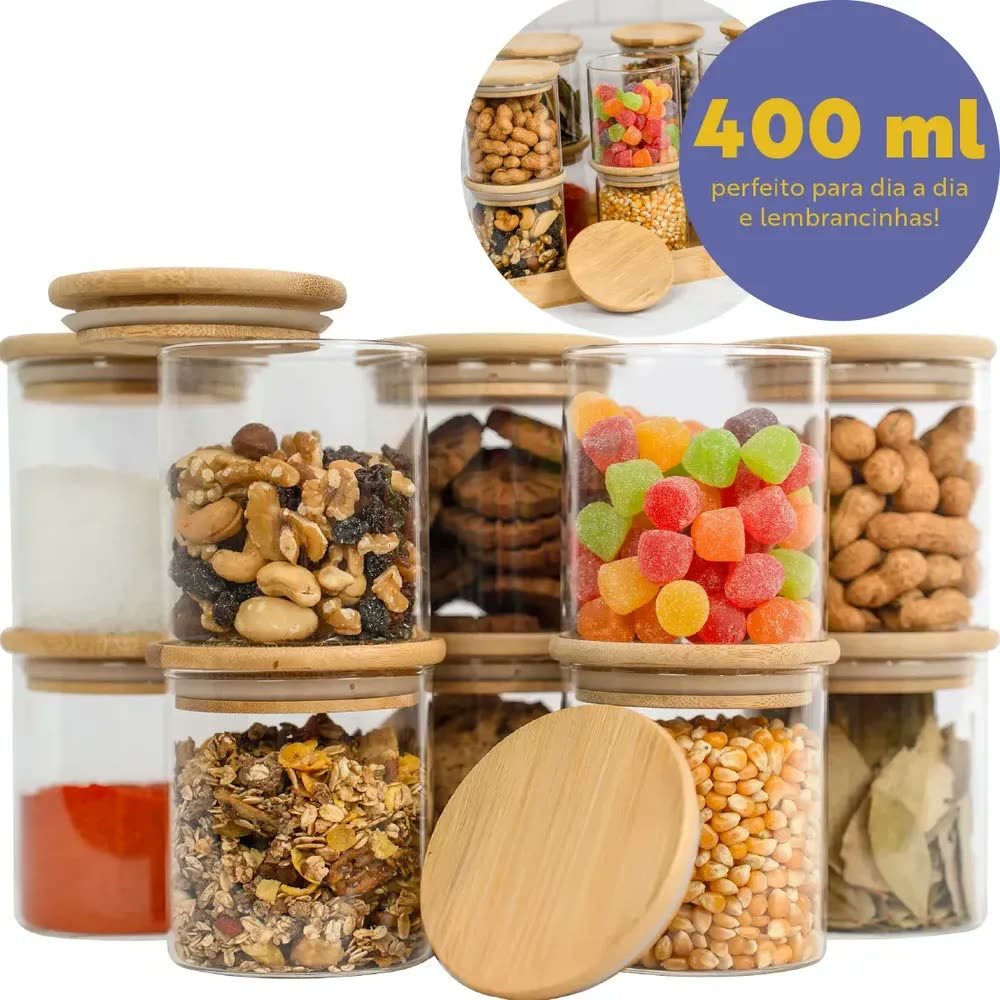 Kit 10 Pote Vidro Hermético Tampa De Bambu 400ml Cozinha Transparente