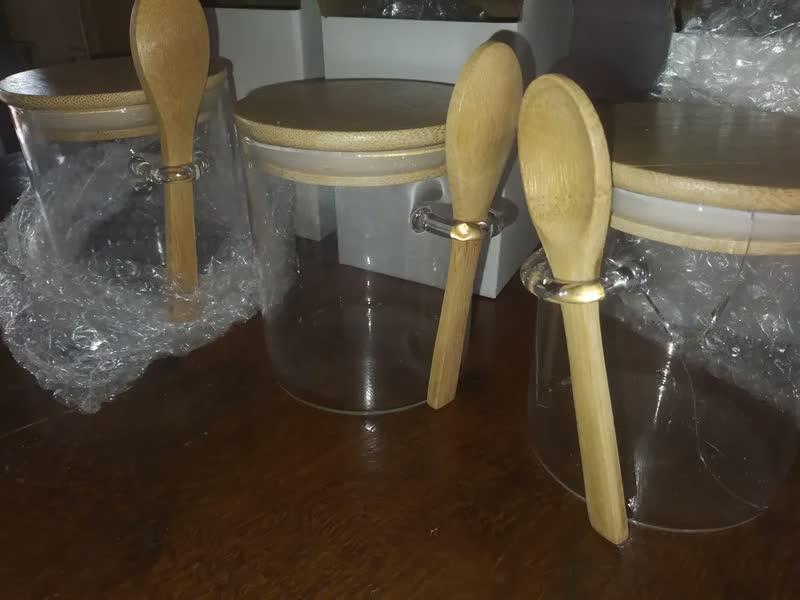 foto de Kit 3 Potes De Vidro 450ml Herméticos com Tampa e Colher de Bambu Para Mantimentos Alimentos Grãos Café Massas Cereais Cozinha Com Vedação Hermética Vidro Borossilicato Livre Bpa Transparente