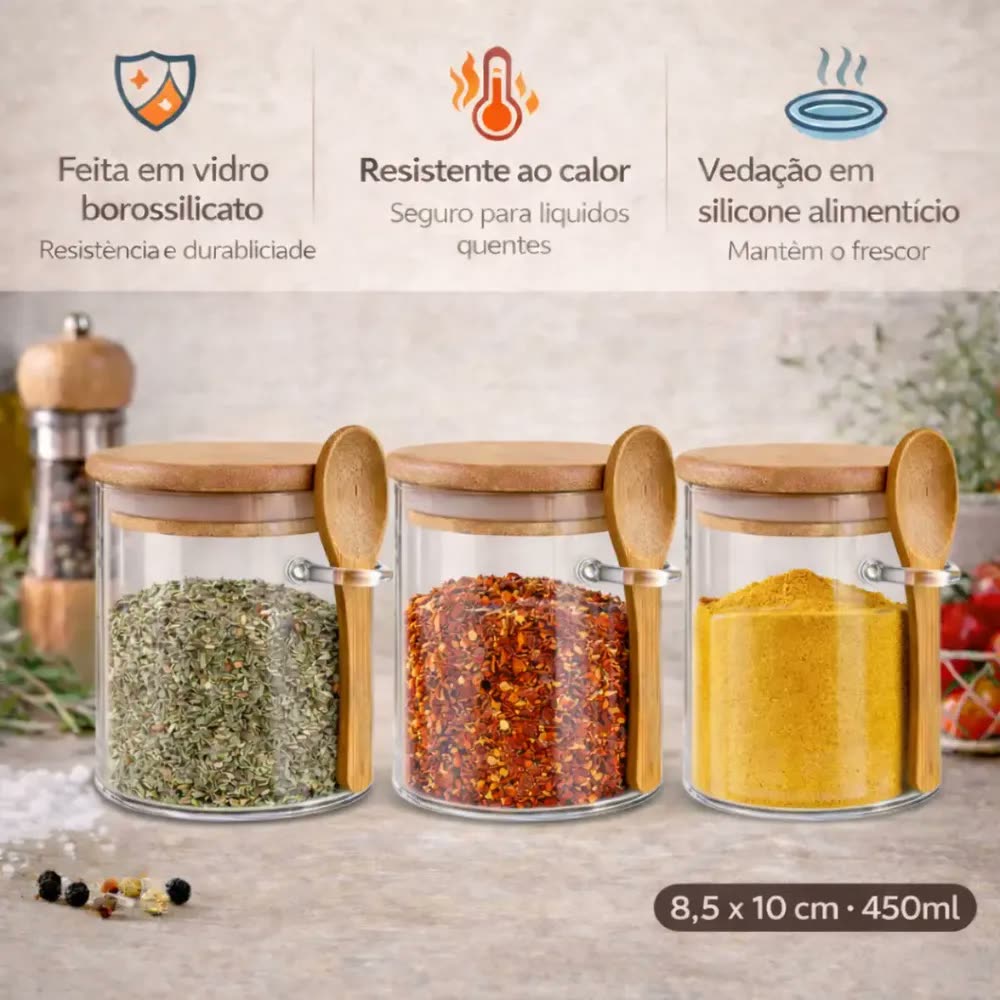 Kit 3 Potes De Vidro 450ml Herméticos com Tampa e Colher de Bambu Para Mantimentos Alimentos Grãos Café Massas Cereais Cozinha Com Vedação Hermética Vidro Borossilicato Livre Bpa Transparente