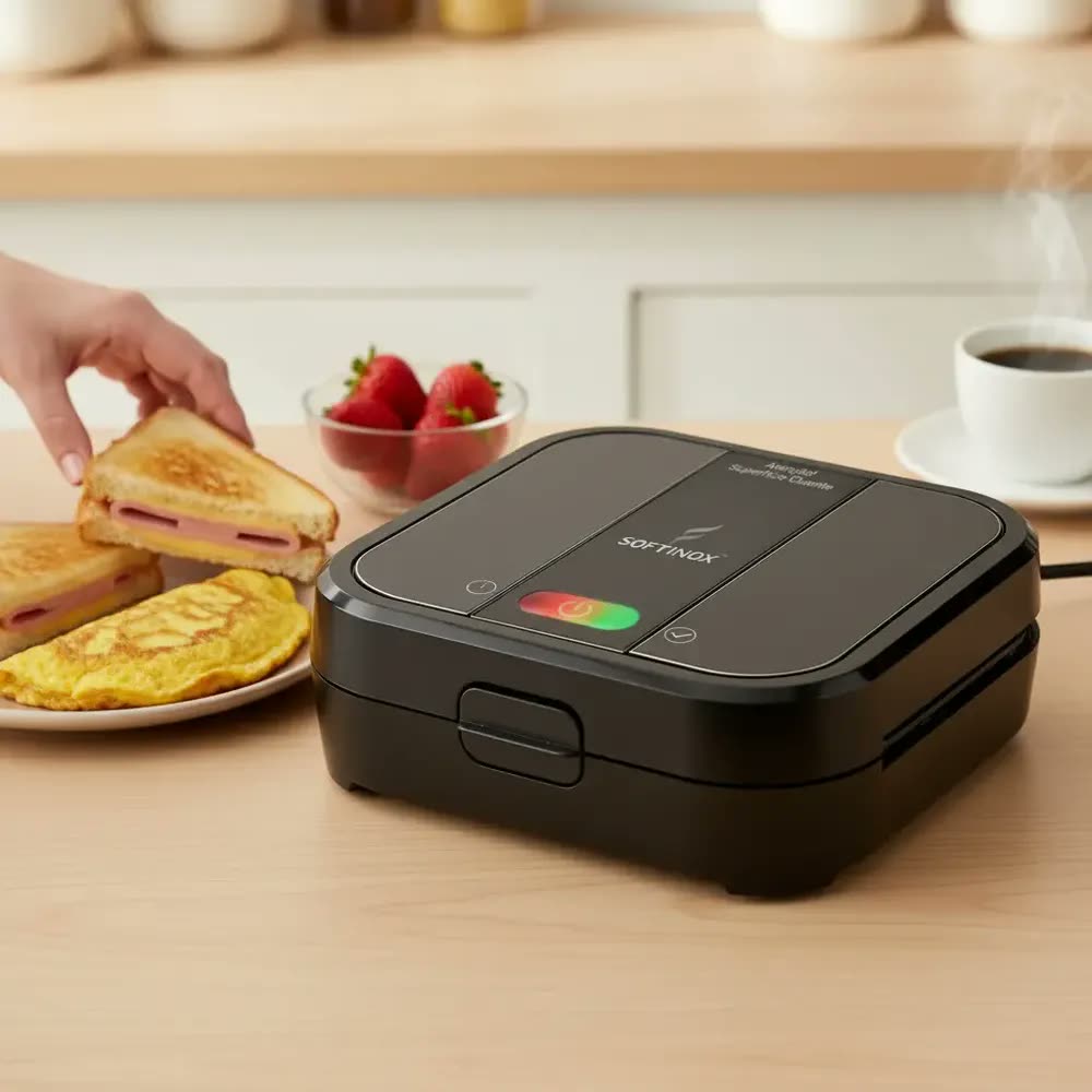 foto de Sanduicheira Elétrica Grill Antiaderente Chapa Misteira Omeleteira Crepeira Grande Preta Com Trava 750W Antiderrapante Compacta - SOFTINOX