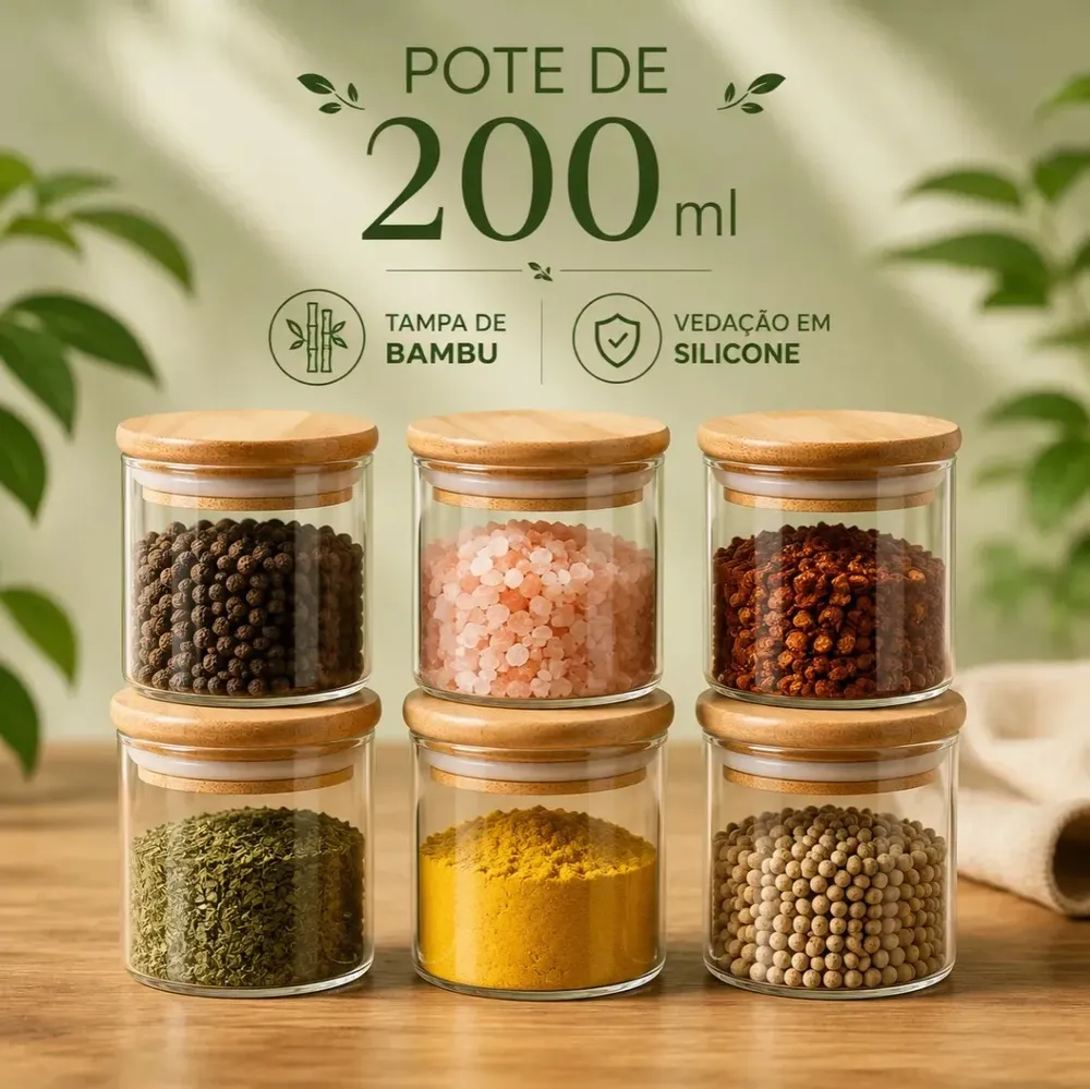 foto de Kit Com 6 Potes 200ml Porta Temperos Condimentos Mantimentos Tampa Bambu Vedação Hermética Vidro Borossilicato Premium Resistente Cozinha Bravli