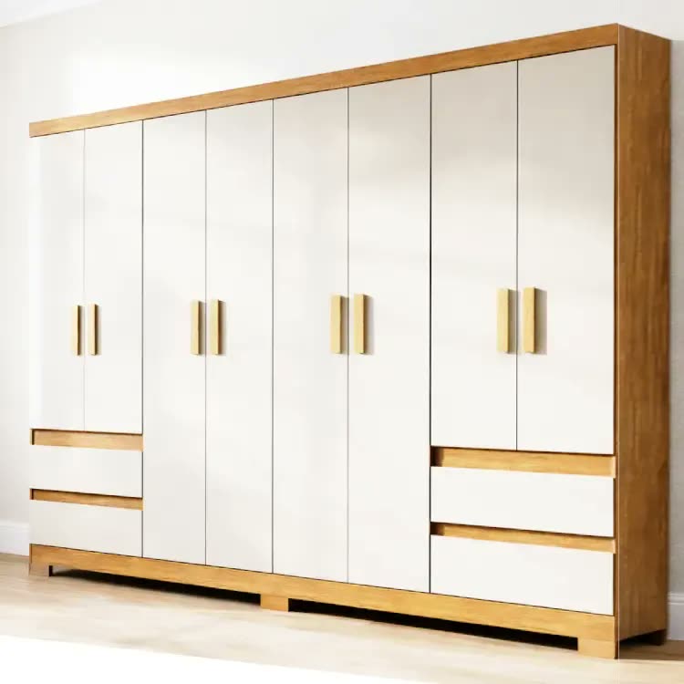 Guarda Roupa Casal Grande 8 Portas 4 Gavetas Moderno Paris Off White / Amadeirado