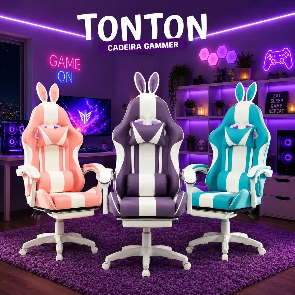 foto de Cadeira Gamer Com Orelhinhas De Coelho Reclinável Ergonômica Giratória com Apoio para pés De Pc Gamer 150Kg e Almofada de Lombar Massageadora Pluggei Select PluggPlay TonTon Cor Lilás