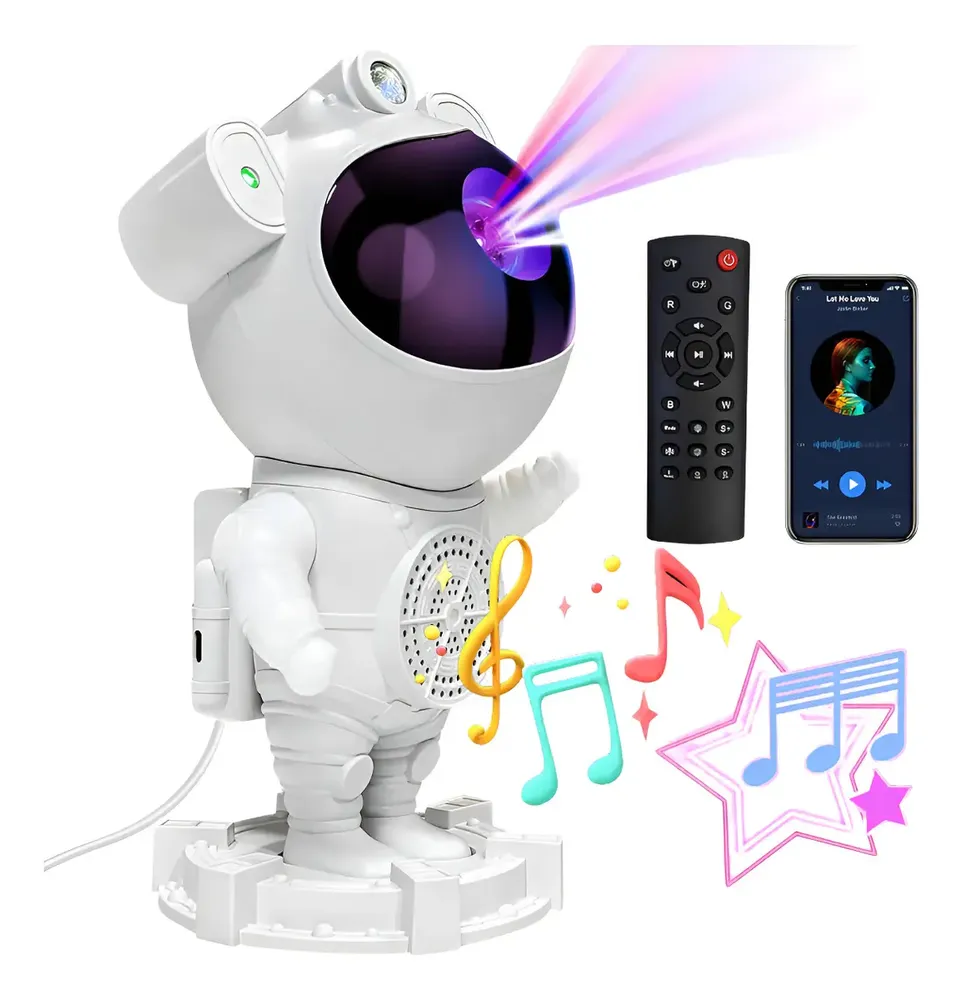 Luminária Projetor Noturno Robô Astronauta LED USB Bluetooth Som Controle Remoto Branco Preto Bivolt 127V 220V