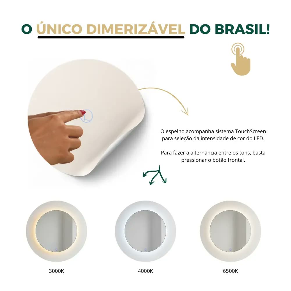 foto de Espelho Orgânico Led Touch Screen 90x60cm Parede Luxo 3 Cores Bivolt Imagem Real Sem Distorção Vidro Cristal Premium Banheiro Quarto Salão Beleza Studio Maquiagem Decorativo Moderno Original Dilar