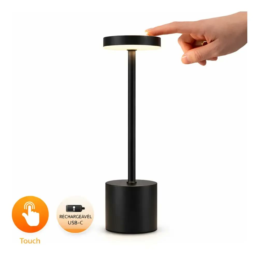 Luminária LED 3 Cores Sem Fio Touch Abajur de Mesa Recarregável Cúpula Preta Estrutura Preta