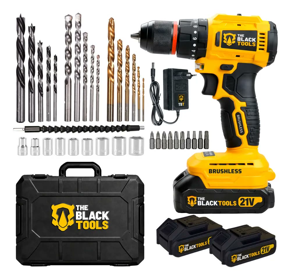 Parafusadeira Furadeira De Impacto 2 Baterias 21v Motor Brushless Com Maleta Brocas E Acessórios The Black Tools