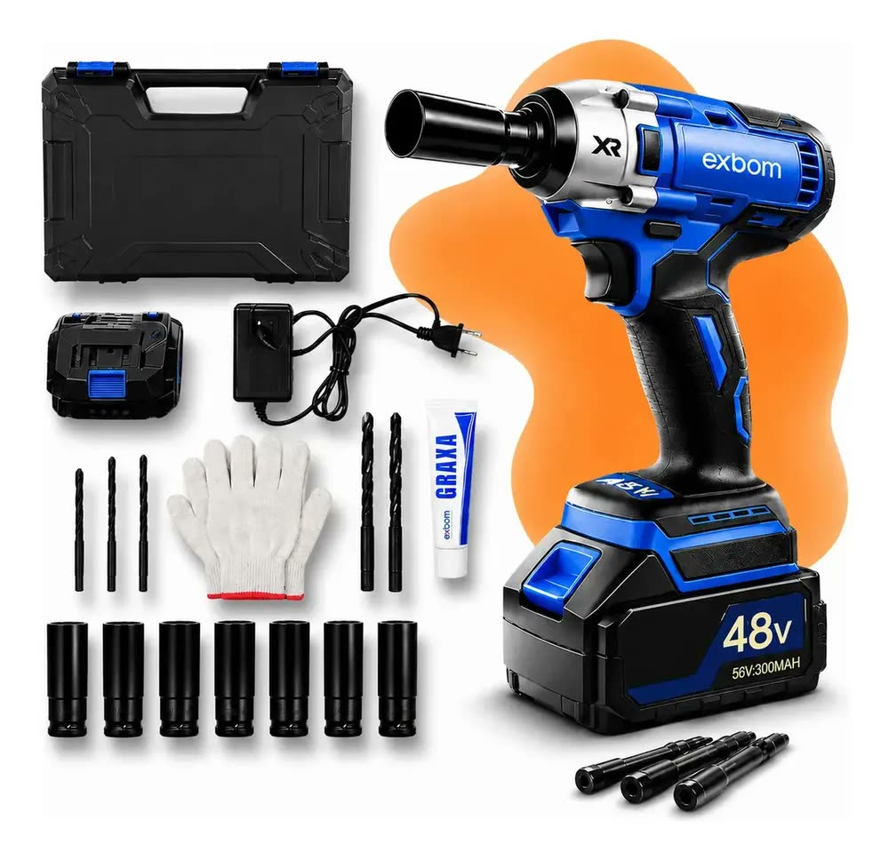 foto de Chave De Impacto Parafusadeira Furadeira Bateria Recarregável Azul 2000mah + Kit De Soquetes De Impacto MQL-CI6480 Exbom 50 Hz/60 Hz