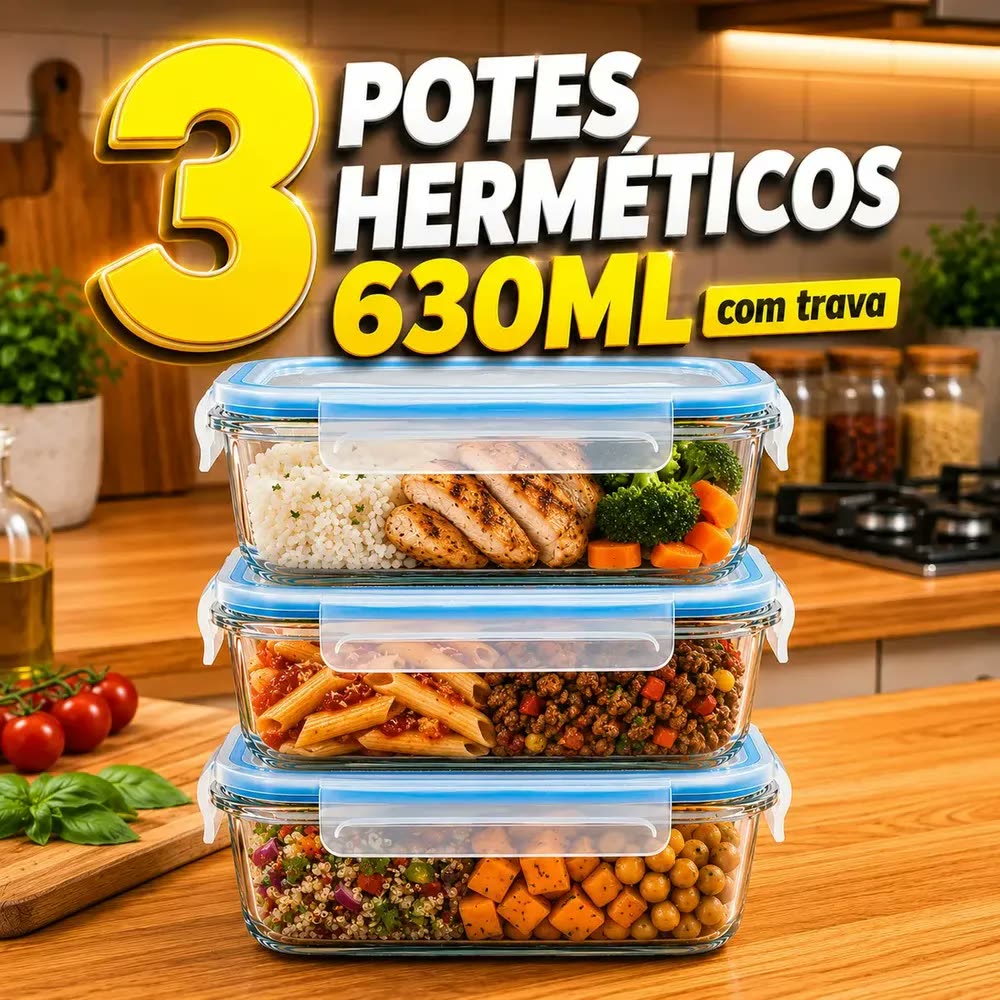Conjunto 3 Potes 630ml Vidro Hermético C/ Trava Retangular Resistente Quente Frio Marmita Dieta Fitness Refratário