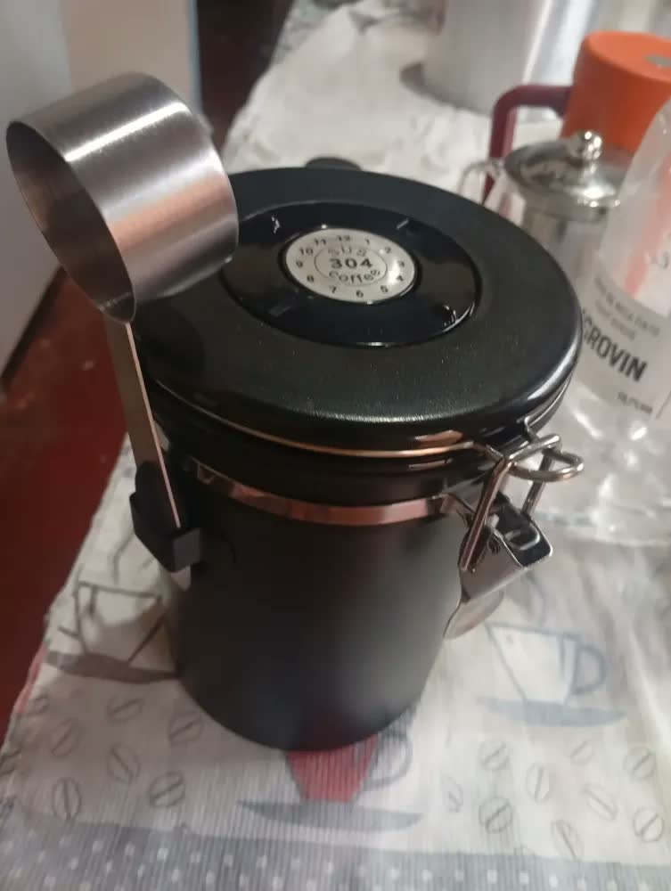 foto de Pote Hermético Para Café Em Grãos Válvula E Com Colher 1,8l Preto Inoxidável Café Moído Açúcar Chá Cereais Pote Hermético