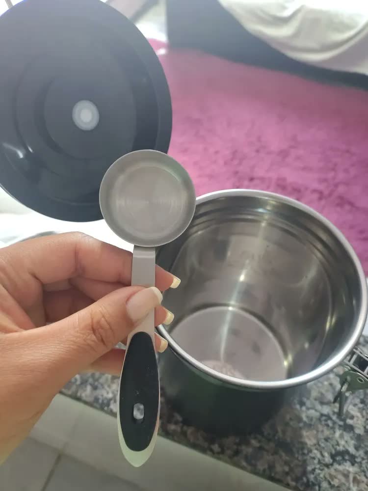 foto de Pote Hermético Para Café Em Grãos Válvula E Com Colher 1,8l Preto Inoxidável Café Moído Açúcar Chá Cereais Pote Hermético