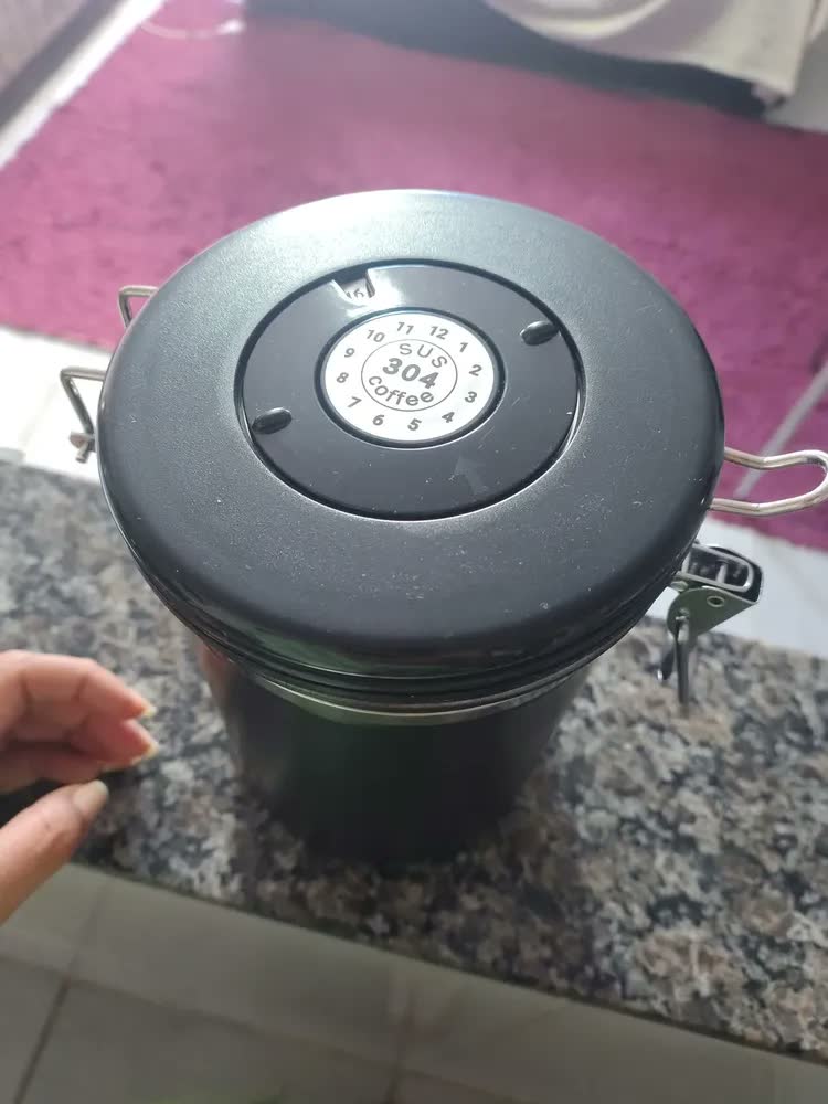 foto de Pote Hermético Para Café Em Grãos Válvula E Com Colher 1,8l Preto Inoxidável Café Moído Açúcar Chá Cereais Pote Hermético