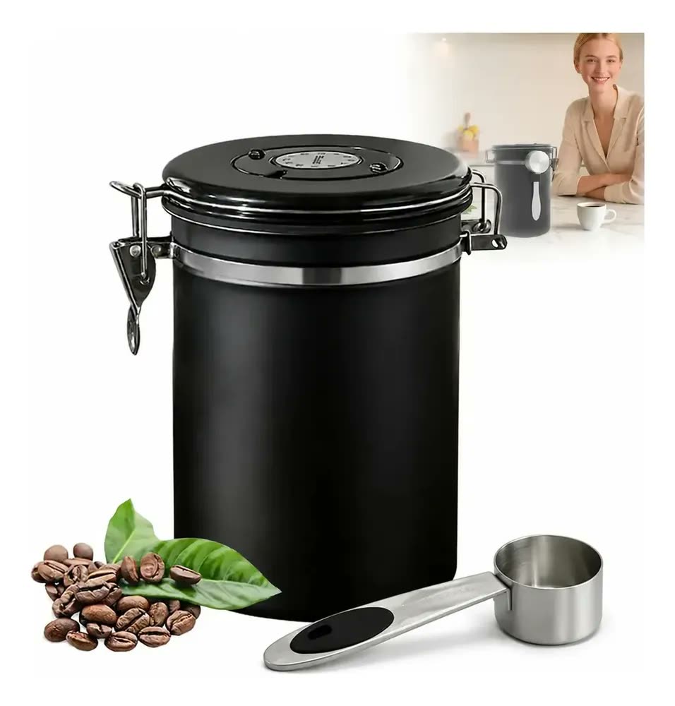Pote Hermético Para Café Em Grãos Válvula E Com Colher 1,8l Preto Inoxidável Café Moído Açúcar Chá Cereais Pote Hermético