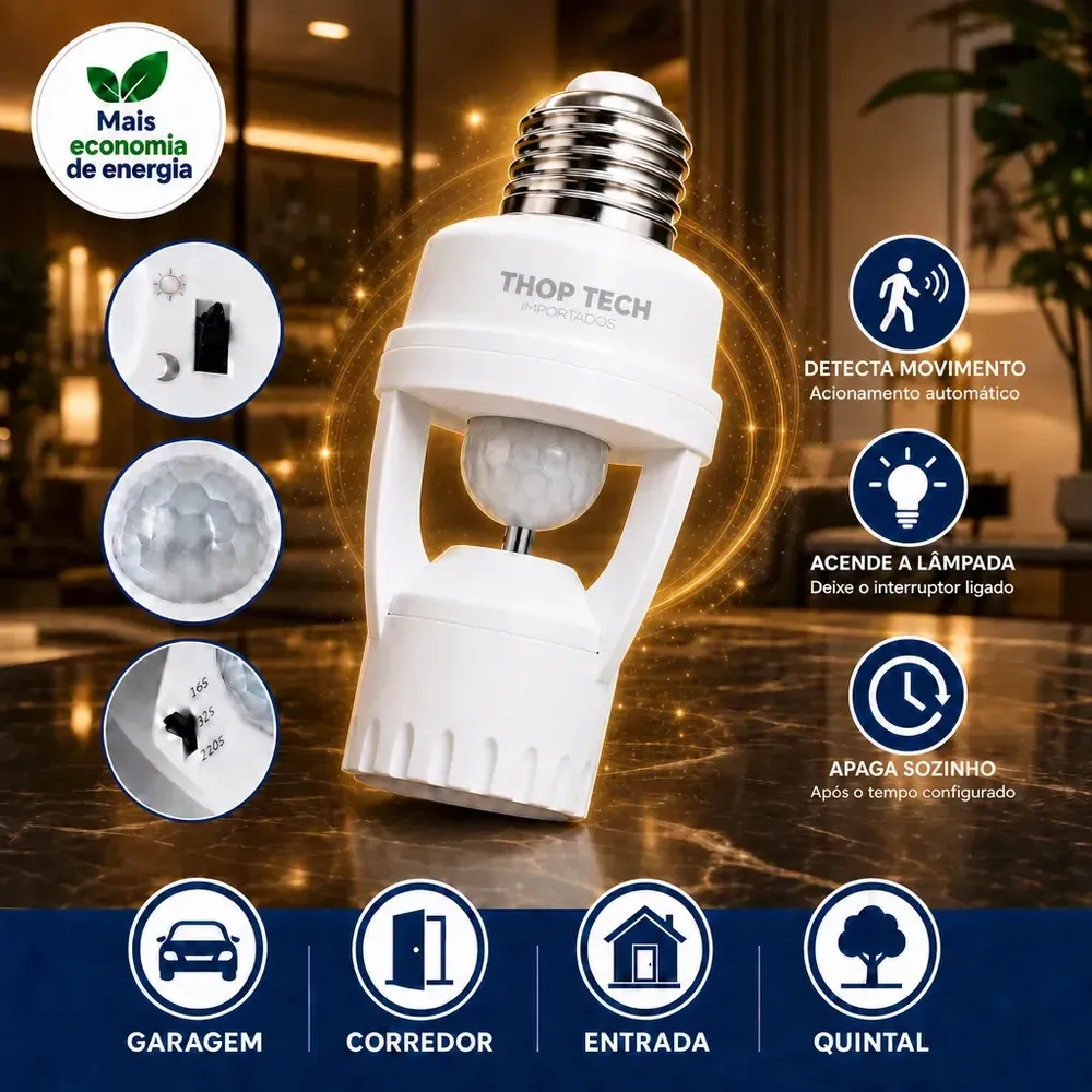 foto de Sensor De Presença Iluminação Lâmpada Soquete E27 Fotocélula Thop Tech Importados