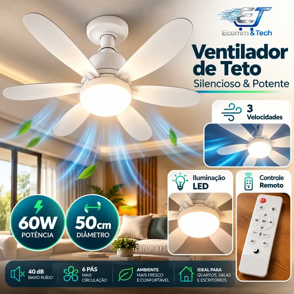 Ventilador De Teto Silencioso De 3 Modos Com Lâmpada Controle Branco 42 Cm 50 Hz X 60 Hz Branco 127/220v Plástico Polo Uk 6