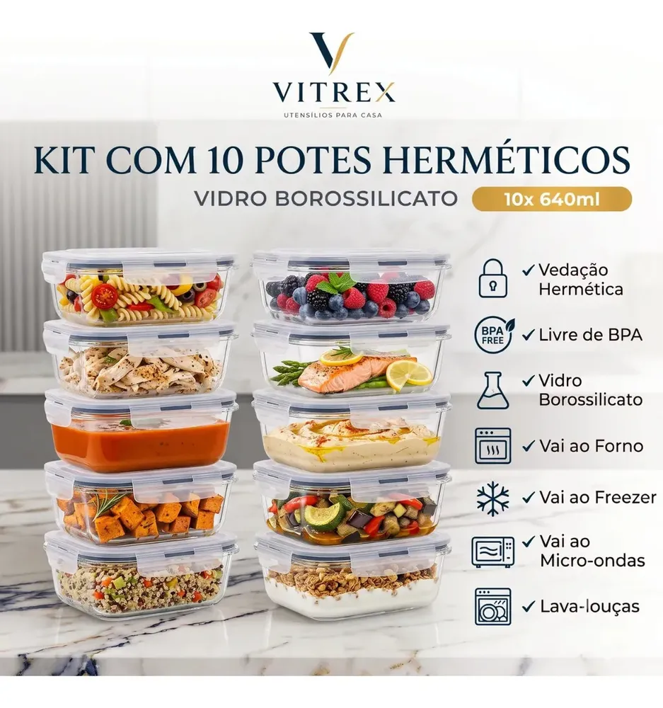 foto de Kit 10 Pote De Vidro Marmita Hermético 640ml Freezer Fitness Vitrex