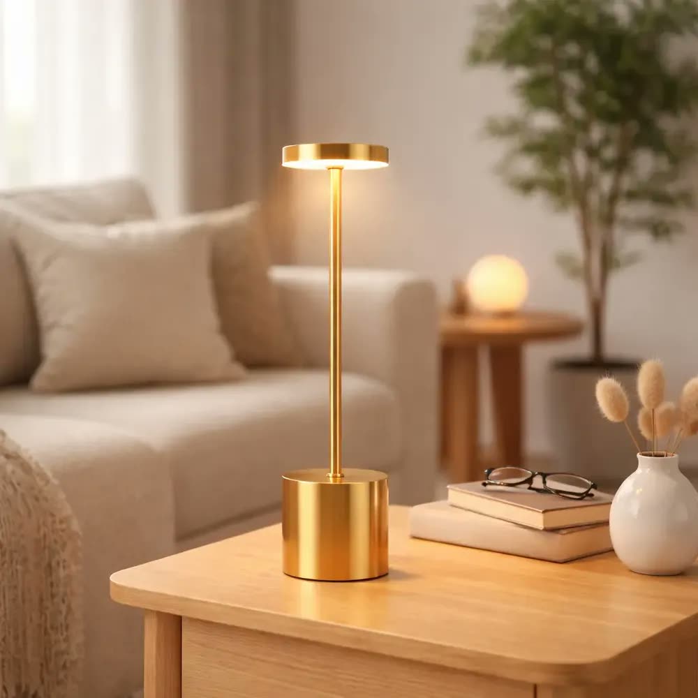 Luminária Led Recarregável Sem Fio Abajur De Mesa Em Metal Dourado Com Luz Ajustável Ligeiro
