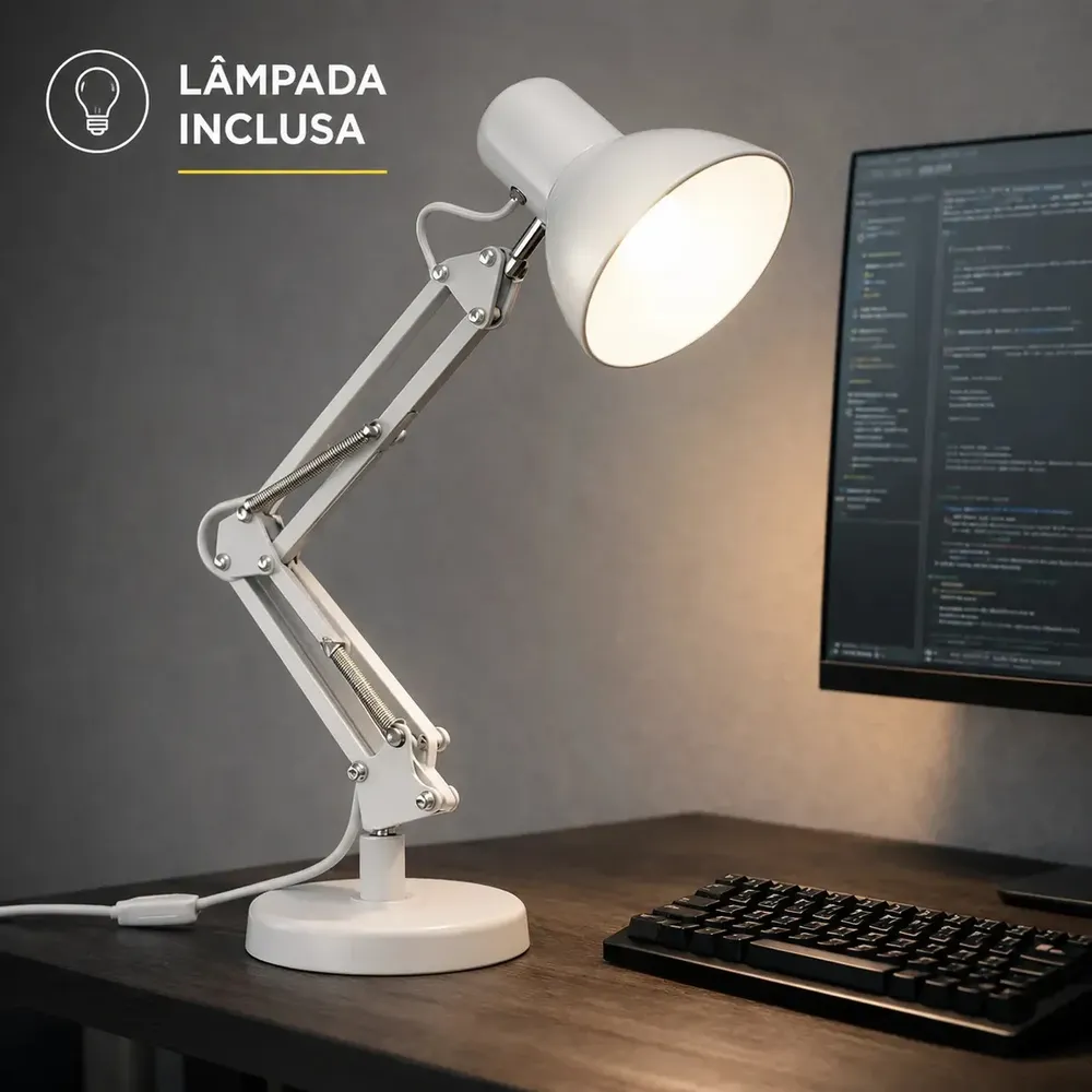 Luminária Mesa Abajur Quarto Articulável Com Garra E Base Modelo Pixar Profissional Branco