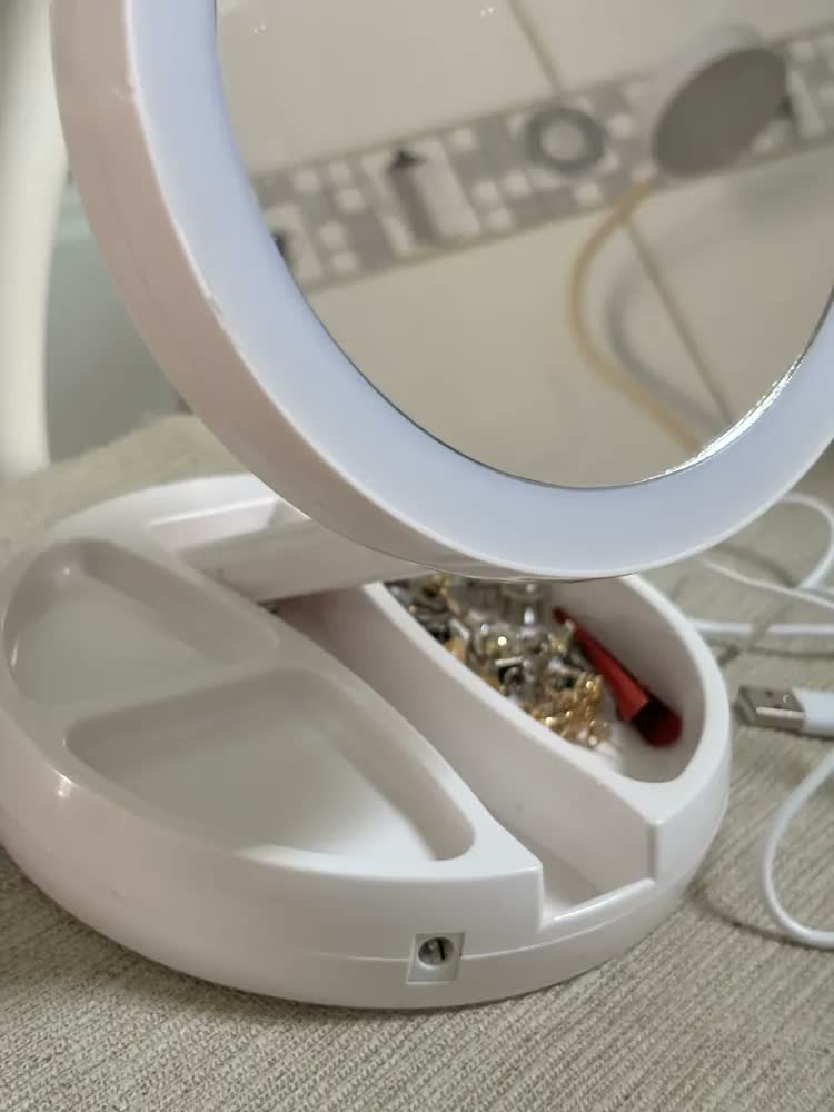foto de Espelho Led Maquiagem Dobravel Dupla Face Aumento 10x Usb Branco