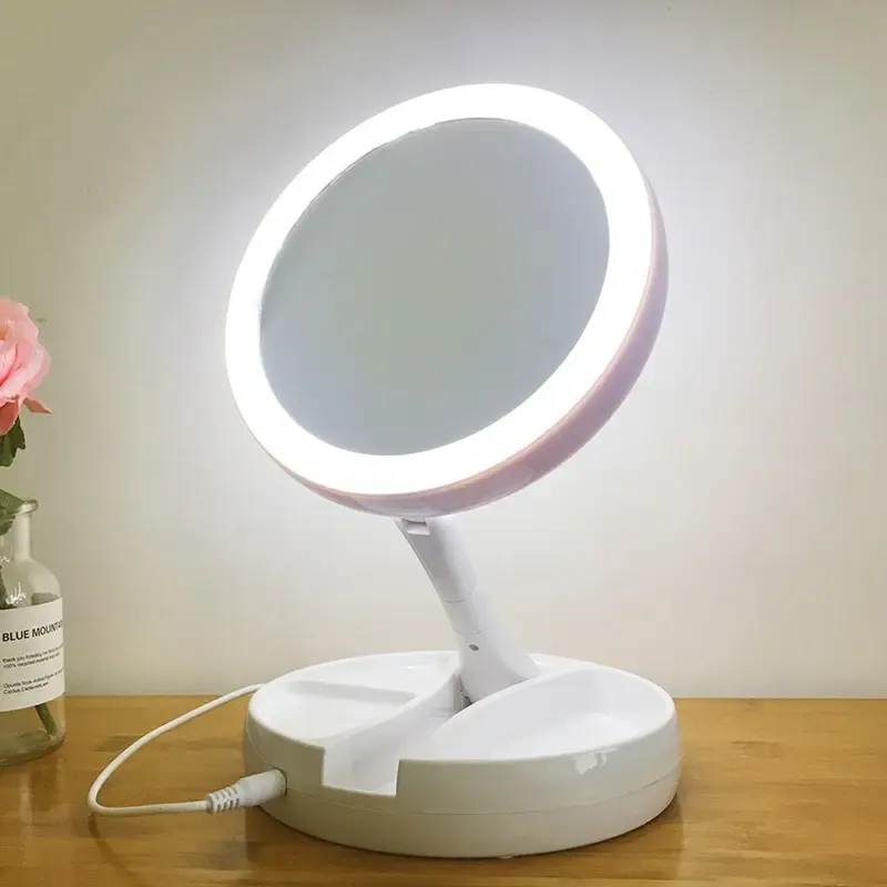 foto de Espelho Led Maquiagem Dobravel Dupla Face Aumento 10x Usb Branco